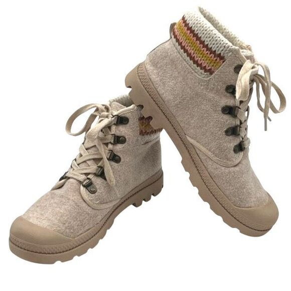 BILLABONG Women’s Zuri Lace-Up Ankle Boots 8.5 Beige Knit Cuff Lug Sole Shoes - Picture 2 of 11